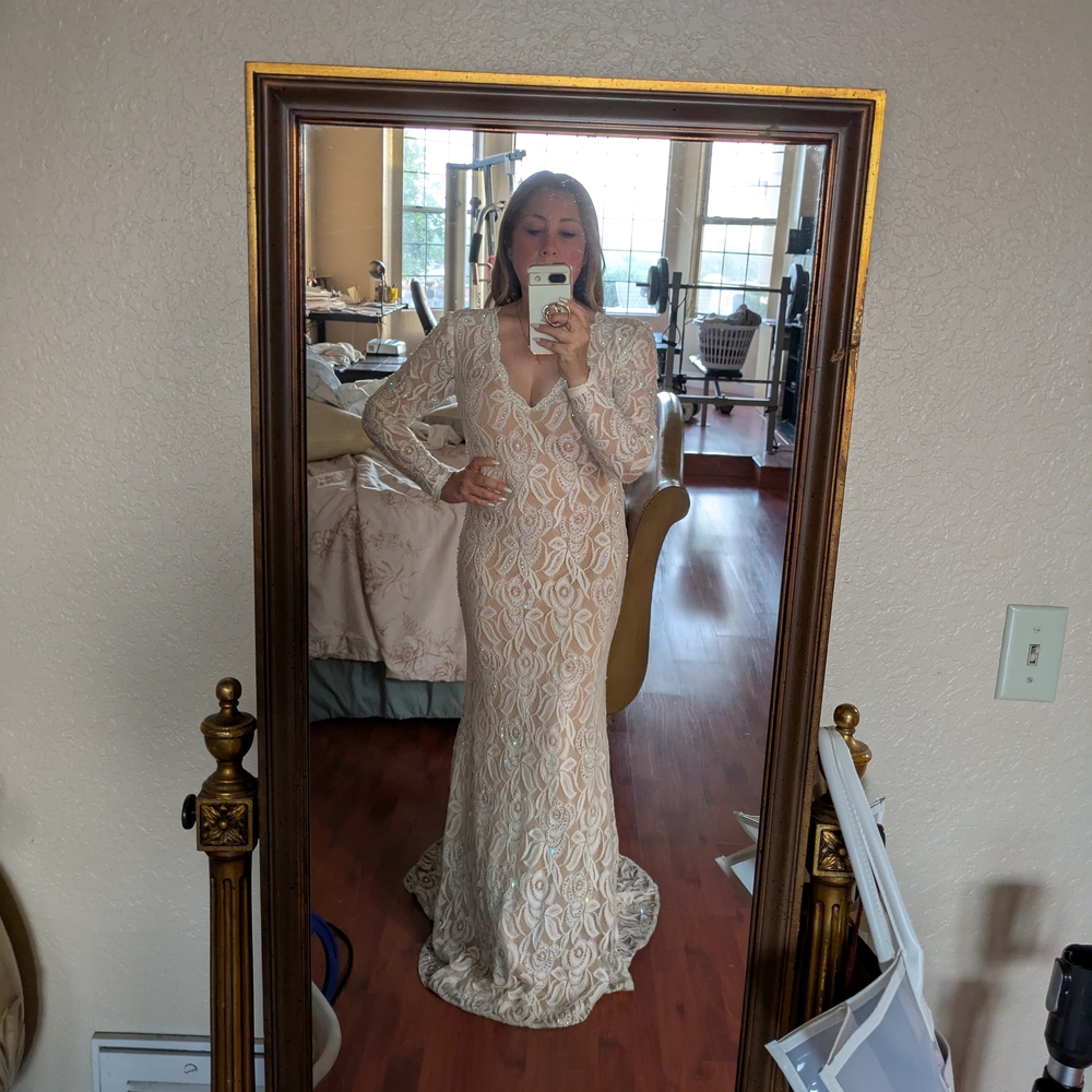 Jovani Cream Lace Formal Dress